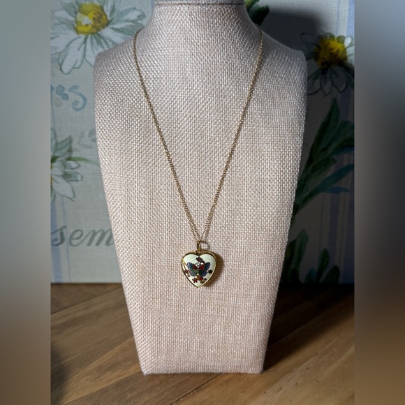 Vintage Cloisonne Butterfly Heart locket On 18k Plated Over Stainless Steel